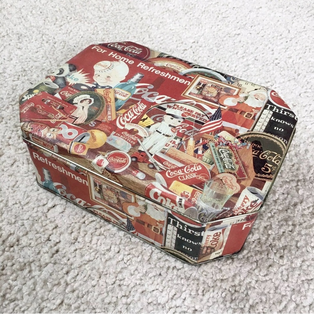 Vintage COCA-COLA Tin Can With Lid Featuring Retro Coke Advertising Items 8 x 6”